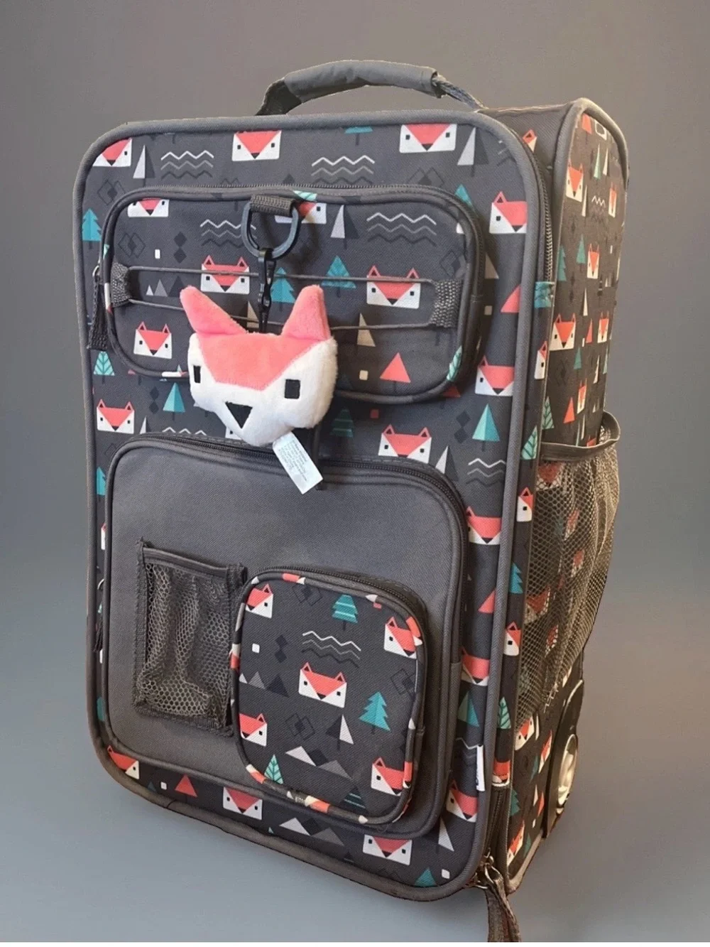 CRCKT Kids Fox Print Grey Rolling suitcase with Plush Fox Charm